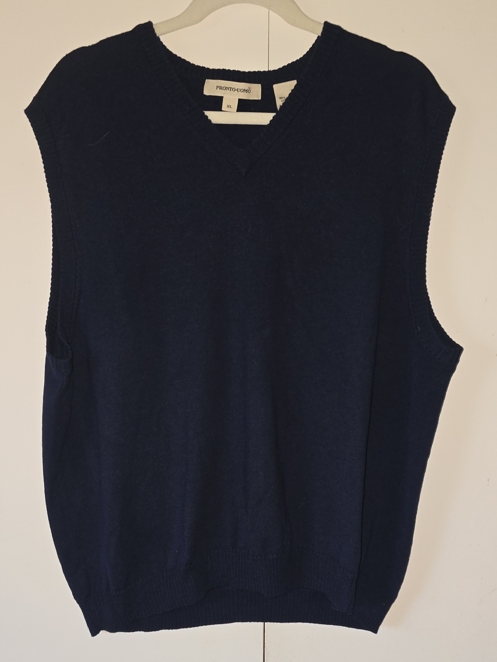 Pronto Uomo Navy V-Neck Sleeveless Knit Vest Mens Size XL 100% MERINO WOOL.
